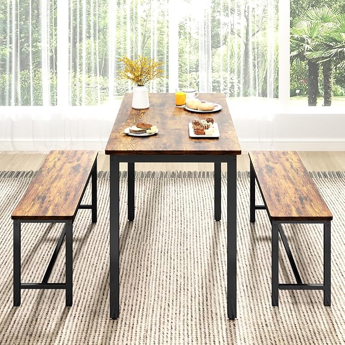 Rovibek Dining Room Table Chairs Set for 4, Modern Space Saving Kitchen Table with 2 Benches & Adjustable Feet Breakfast Table, Wooden Industrial Style Farmhouse, 43", Brown