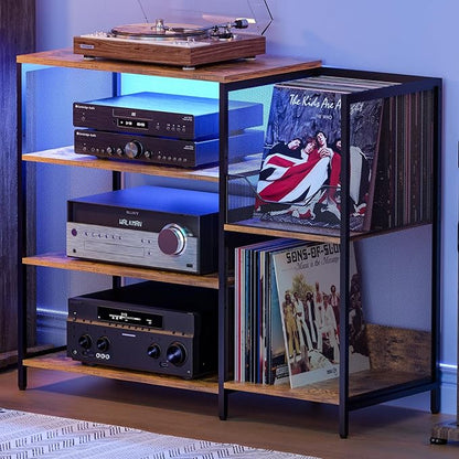 Large Record Player Stand Table with vinyl record holder, AV Media Stand With Charging Station & USB Ports, Stereo Cabinet Stand with Led Strip Light, Sturdy, Adjustable Feet, Rustic, Large Capacity