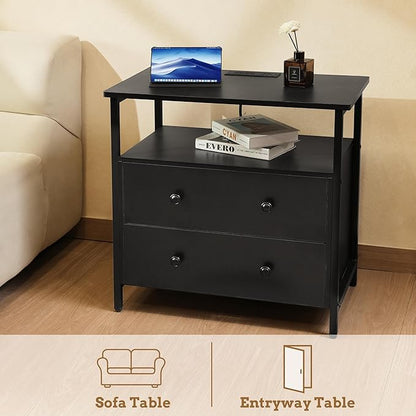 27 inch Wide Nightstand with Charging Station, Bedside Table with Open Shelf, 2 Drawers Small Wood Dresser, End Side Table for Bedroom (2 Pack,Black)