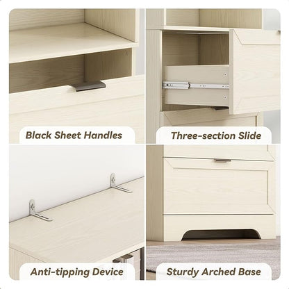 6 Tier Book Shelf with Drawers,White Farmhouse Display Bookshelf with Organizers and Storage,Free Standing Tall Bookshelf with Cabinet for Bedroom,Living Room, Office