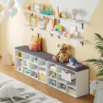 DINZI LVJ Shoe Bench,Entryway Storage Bench with Drawer and 8 Cubbies,Cubby Rack Adjustable Shelves,Shoe Organizer Cabinet for Living Room,Bedroom,Mudroom,Closet Garage,White