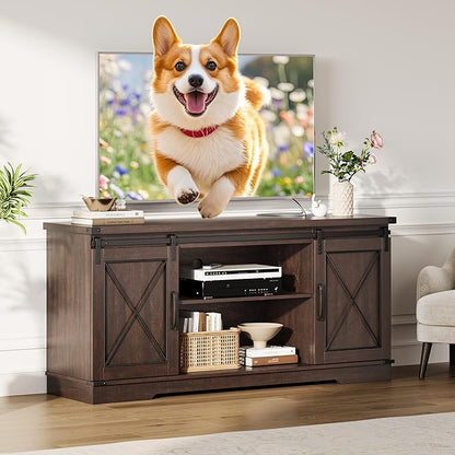 CABIHOME Farmhouse TV Stand and Entertainment Center for Tv up to 65 inches with Sliding Barn Doors and Adjustable Shelf, TV Media Storage Console Table for Living Room, Brown