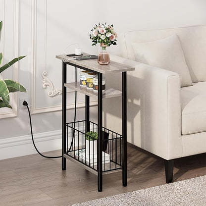 Vagusicc Narrow Side Table with Charging Station, Skinny Side End Table for Couch, 3-Tier Small End Tables for Small Spaces, 25.2" Tall Slim Nightstand Bedside Table for Living Room, Bedroom, Greige