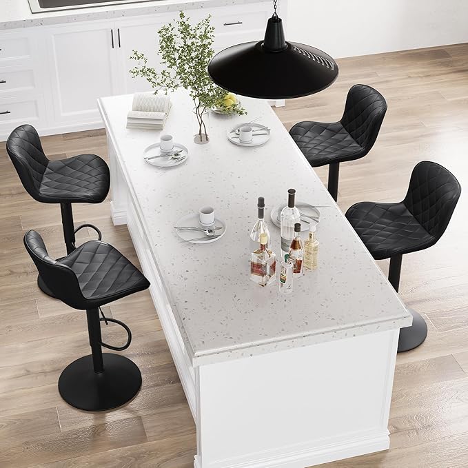 YOUNUOKE Bar Stools Set of 2 Faux Leather Barstools with Back Modern Swivel Counter Height Stool Adjustable High Bar Chairs for Kitchen Islands, Black