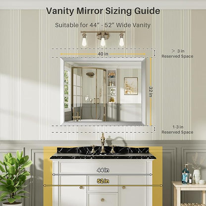 40x32 Inch Silver Bathroom Mirror for Wall, Thick Metal Framed Rectangle Mirrors for Over Sink, Bedroom, Living Room, Entryway, Anti-Rust, HD Tempered Glass