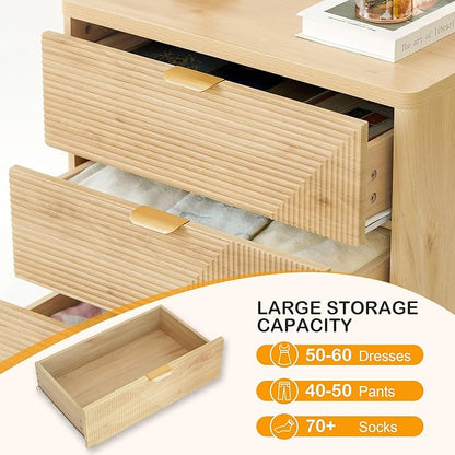 3 Drawer Fluted Nightstand for Bedroom, Modern Wood Chest of Drawers with Curved Profile, Fluted Dresser & Wood Drawer Organizer for Bedroom and Hallway