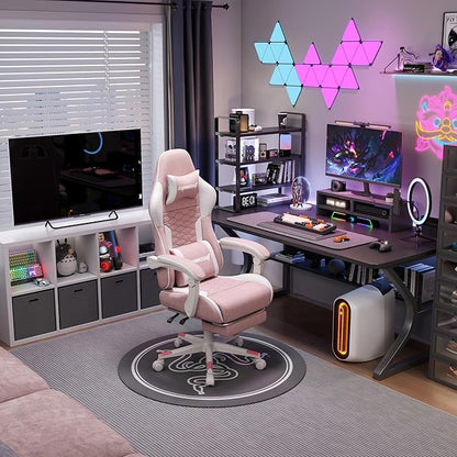 Gaming Chair, Computer Chairs for Adults with Lumbar Support and Massager, Comfortable Gamer Chair with Footrest & Pocket Spring Cushion, Ergonomic Home Office Chair, Pink, Fabric
