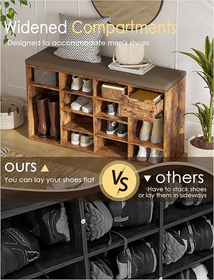 DINZI LVJ Shoe Bench, Entryway Storage Bench with Drawer and 15 Cubbies, Cubby Shoe Rack with Adjustable Shelves, Shoe Organizer Cabinet for Living Room, Bedroom, Mudroom and Garage, Rustic Brown