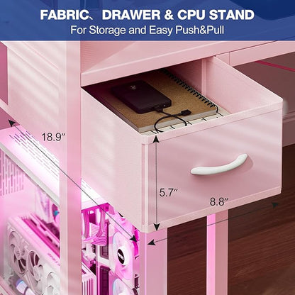 Gaming Desk 47 Inch with Power Outlet and LED Light, Computer Desk with Reversible Shelves and Storage Drawer, Pc Small Workstation for Home Office Table with Bag, Carbon Fiber Pink