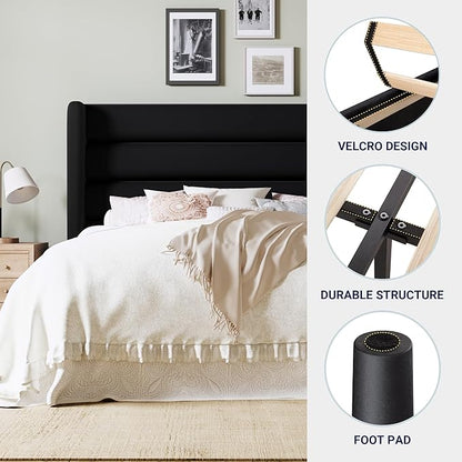 Allewie Queen Size Platform Bed Frame with Velvet Upholstered Wingback Headboard, No Box Spring Needed, Under Bed Storage Space, Strong Wooden Slats, Modern Mattress Foundation, Easy Assembly, Black