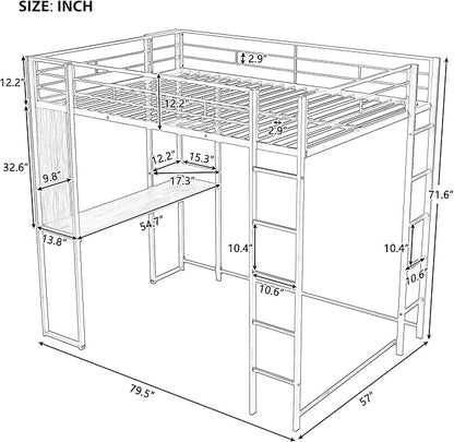 Full Size Metal Loft Bed with 2 Storage Shelves and 1 Desk,Steel Structure Bed Frame W/ 2 Build-in Ladders & Full-Length Guardrails,No Box Spring Needed,for Kids Teens Adults,Silver