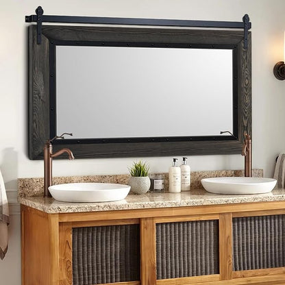 YOSHOOT Farmhouse Barn Door Mirror, 48"x30" Rustic Bathroom Mirror, Wood Frame Wall Mirror, Wooden Mirror for Living Room Bedroom Entryway Wall Décor, Horizontal Hanging ONLY