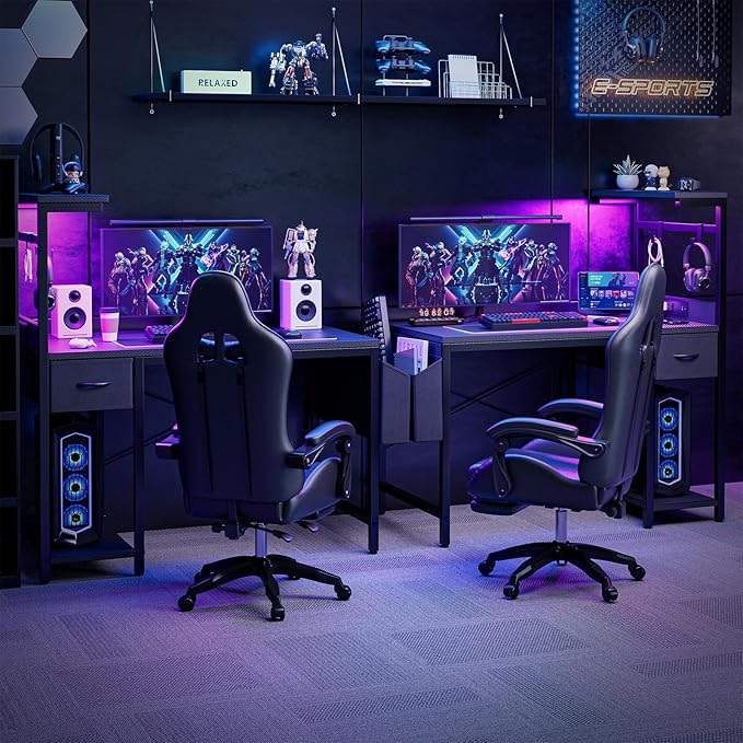 Gaming Desk 47 Inch with Power Outlet and LED Light, Computer Desk with Reversible Shelves and Storage Drawer, Pc Small Desk for Home Office Table with Bag, Carbon Fiber Black