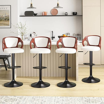 VECELO BarStools Set of 2,Counter Height Stools with Bentwood Back&Arm, Swivel Barstools,PU Leather Kitchen Island Stools, Adjustable Height Bar Chairs for Club Pub Dining Room,Pearl White