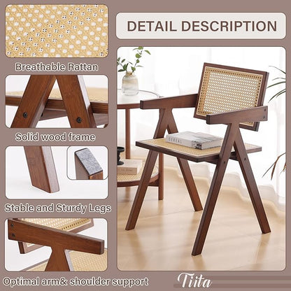 Tiita Rattan Dining Chairs Set of 2, Mid Century Modern Armchairs, Wooden Kitchen Chairs for Dining Room, Living Room, Walnut