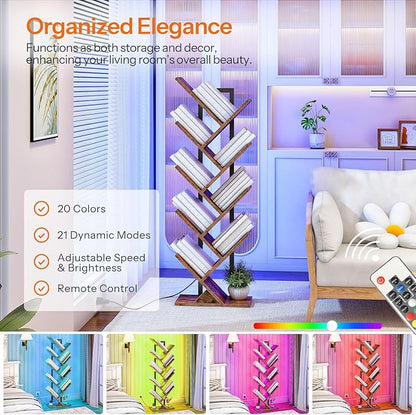 HOOBRO Tree Bookshelf, 9-Tier Tree Bookshelf with Lights, Space-Saving Book Shelf, Holds Books, CDs, Floor Standing Bookcase for Office, Living Room, Bedroom, Rustic Brown and Black BF08DSJ01