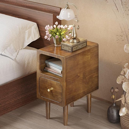 Narrow Nightstand, Solid Wood Night Stand with Drawers, Walnut Mid Century Modern Nightstand, Small Beside Table with Open Storage Shelf for Bedroom (12 inch)
