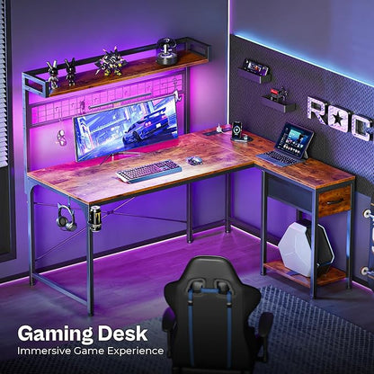 PRAISUN L Shaped Gaming Desk with Shelves, Corner Computer Table with LED Lights, Power Outlets and USB-C Ports, 50 Inch Reversible Home Office Desk with Storage Drawer, Work and Study, Rustic Brown