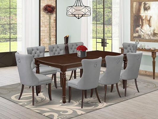 East West Furniture DODA9-MAH-27 9 Piece Dining Set Includes a Rectangle Kitchen Table with Butterfly Leaf and 8 Polyester Fabric Upholstered Chairs, 42x78 Inch, Mahogany