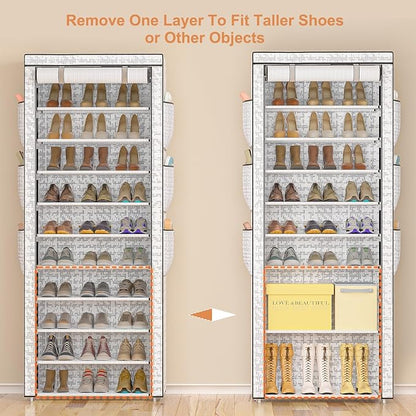 Shoes Rack 10 Tier Tall Shoe Rack with Storage Pockets, Fabric Covered Shoe Racks,Metal Shoes Rack Organizer for Closets,Bedroom, Garage