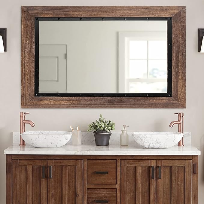 YOSHOOT Rustic Wooden Framed Wall Mirror, 26"x18", Natural Wood and Iron Bathroom Vanity Mirror for Farmhouse Decor, Vertical or Horizontal Hanging