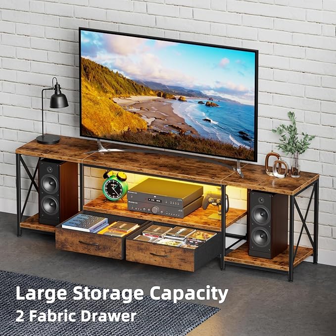 Television Stands for 80 Inches TV with Fabric Drawers, LED TV Console Table with Storage Shelves for Living Room, Bedroom, Entertainment Center 71" Rustic Brown