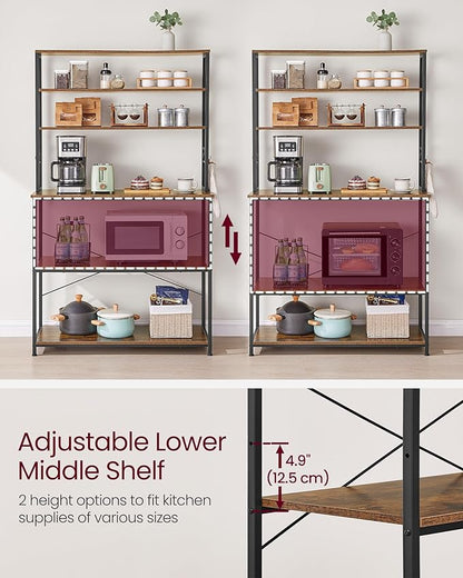 VASAGLE Coffee Bar, 39.4 Inches Baker's Rack for Kitchen with Storage, 6-Tier Kitchen Shelves with 6 Hooks, Microwave Stand, Industrial, Rustic Brown and Black UKKS039K01