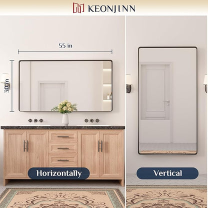 Keonjinn Black Bathroom Mirror for Vanity 55 x 30 Inch Large Metal Framed Wall Mirror Matte Black Rounded Rectangle Farmhouse Mirror, HD Tempered Glass, Modern Decorative Mirror(Horizontal/Vertical)