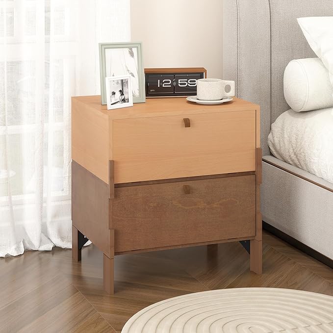 Sebastack Night Stand, Customizable 2 Drawers Bedside Table, End Table, Side Table for Bedroom, Dormitory, Mid-Century Style Wood Chest of Furnitures, Beech and Walnut Color Combo