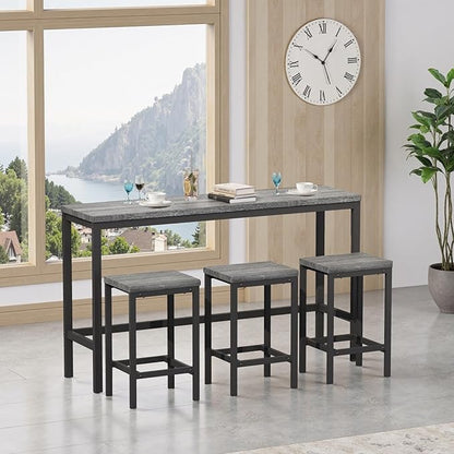 KEIKI 60.24” Long Bar High Top Dining Table and 3 Stools Chairs Set, Wood Behind Couch Sofa Counter Height Pub Furniture for Breakfast, Kitchen Living Party Room, Grey
