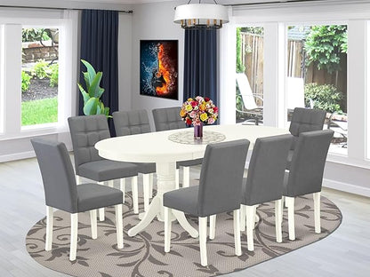East West Furniture VAAS9-LWH-41 9 Piece Modern Dining Table Set Includes A Dining Table and 8 Platinum Gray Polyester Fabric Parson Dining Chairs with Stylish Back- Linen White Finish