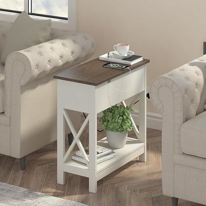ChooChoo End Table with Charging Station, Narrow Flip Top Side Table with USB Ports & Power Outlets for Small Spaces, Nightstand Sofa Table for Living Room, Bedroom, White and Brown, 2 Pack
