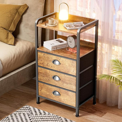Night Stand Bedside Storage Drawers Bed Side Table Drasser Organizer Nightstand with Shelf End Tables with 3 Chest Drawer Traditional Night Stands for Bedroom Living Room Dorm Rustic Brown
