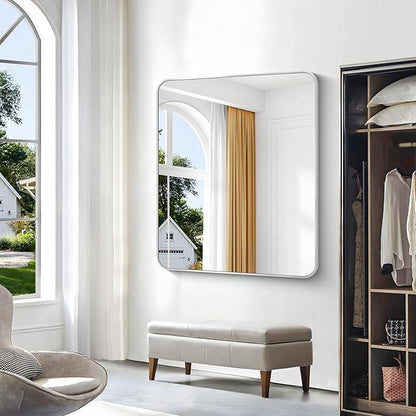 BONEWEI Silver Bathroom Mirror,40x48 inch Wall Mirror for Bathroom Wall Mounted,Rectangle Mirror for Bathroom Over Sink,Modern Frame Round Corner for Living Room,Bedroom Entryway,Horizontal/Vertical