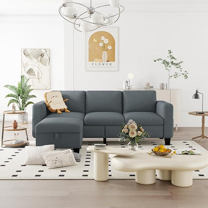 ZeeFu Convertible Sectional Sofa Couch,Classic 3 Seat L-Shaped Sofa with Movable Ottoman, Modern Dark Grey Velvet Fabric Upholstered Small Sectional Sofa Couch for Small Apartment Living Room Office