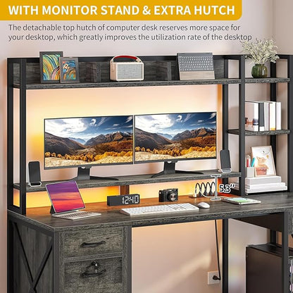 DWVO Computer Desk with Drawers & Hutch, 59.1" Office Desk with Power Outlets & LED Lights, Home Office Desk with Storage Shelves, Grey
