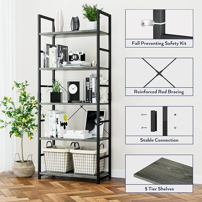 NUMENN 5 Tier Bookshelf, Tall Bookcase Shelf Storage Organizer, Modern Book Shelf for Bedroom, Living Room and Home Office, Dark Grey