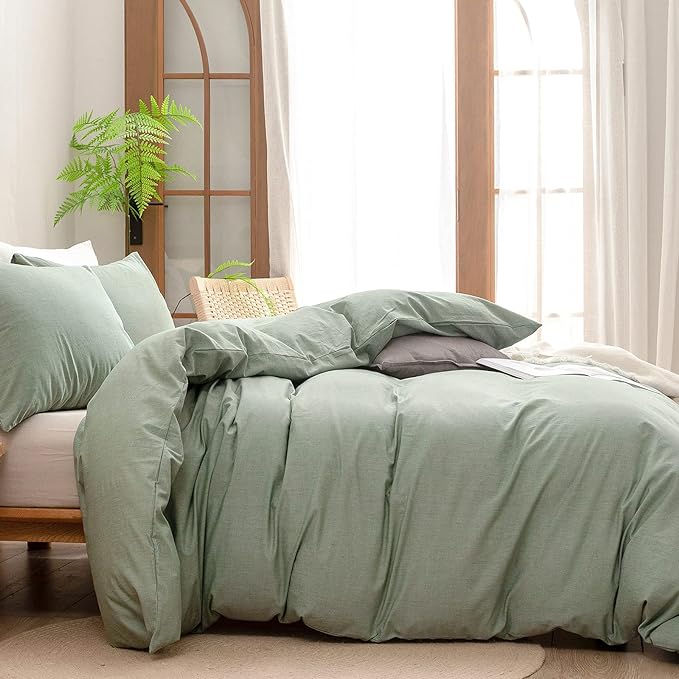BESTOUCH Duvet Cover Set 100% Washed Cotton Linen Feel Super Soft Comfortable Chic Lightweight 3 PCs Home Bedding Set Solid Green Super Queen