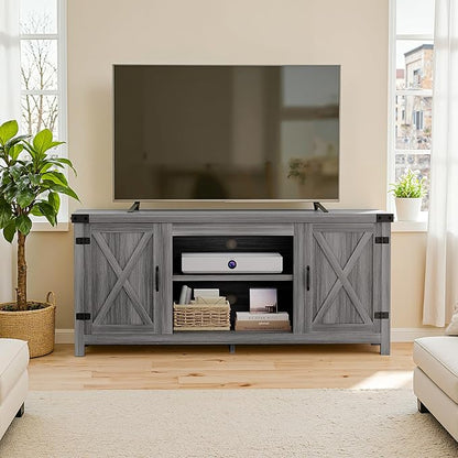 YESHOMY Modern Farmhouse TV Stand with Two Barn Doors and Storage Cabinets for Televisions up to 65+ Inch,Entertainment Center Console Table,Media Furniture for Living Room, Grey