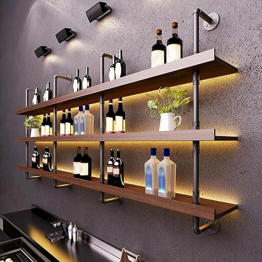 78.7in Large Wine Rack with LED Light Solid Wood Wall Mounted Wine Rack, 3-Tiers Liquor Bottles Floating Shelves Display Storage Organizer for Home Bar & Dining Room (200cm/78.7in)