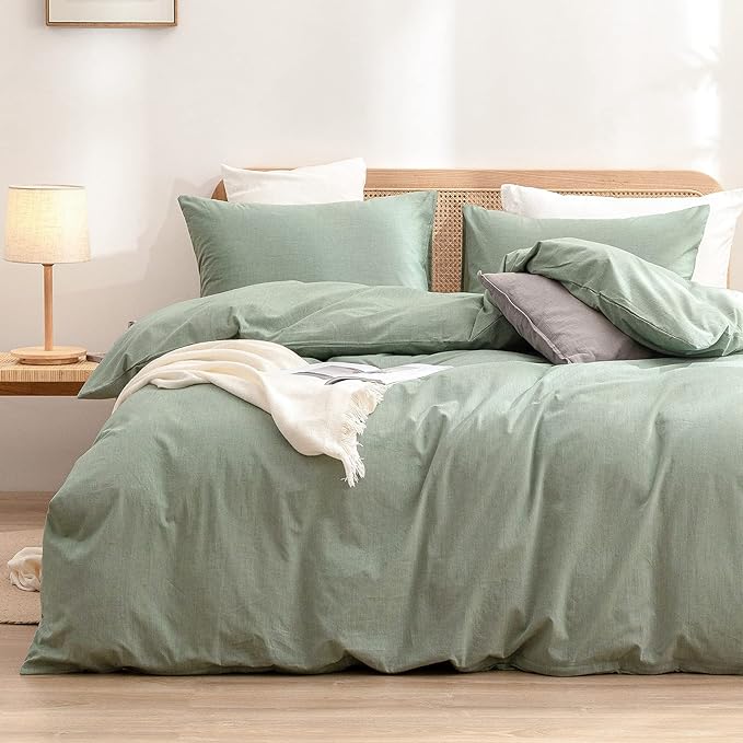 BESTOUCH Duvet Cover Set 100% Washed Cotton Linen Feel Super Soft Comfortable Chic Lightweight 3 PCs Home Bedding Set Solid Green King