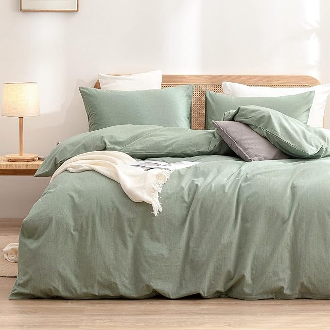 BESTOUCH Duvet Cover Set 100% Washed Cotton Linen Feel Super Soft Comfortable Chic Lightweight 3 PCs Home Bedding Set Solid Green Cal King