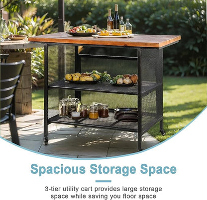 Rustic 3-Tiered Serving Cart with Casters Vintage Rolling Bar Cart for Kitchen Living Room Industrial Mobile Barbecue Cart for Outdoor&Indoor 47.2 * 19.7 * 36.6in L*W*H