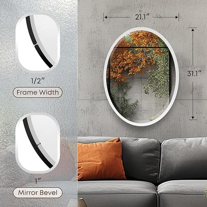 OVALCREST - Oval Wooden Beveled Wall Mirror for Home Decor, Bathroom, Vanity, Bedroom, Living Room, Hallway - London Style (Linen White) 21.1 x 31.1