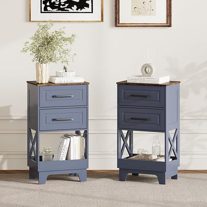Tall Nightstand Set of 2 Side Table with 2 Drawers Modern Night Stand Wooden Rustic End Table Bedside Table with Below Open Shelf Solid Feet for Bedroom, Living Room, Navy Blue+Walnut