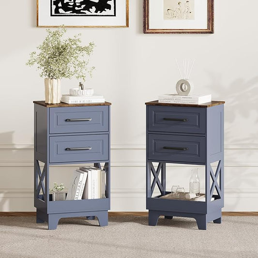 Tall Nightstand Set of 2 Side Table with 2 Drawers Modern Night Stand Wooden Rustic End Table Bedside Table with Below Open Shelf Solid Feet for Bedroom, Living Room, Navy Blue+Walnut