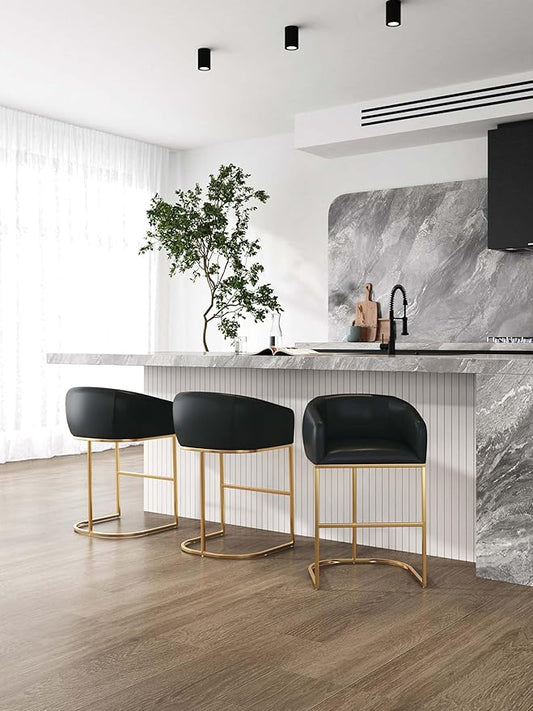 Manhattan Comfort Louvre 26 Inch Mid Century Modern Counter Height Bar Stools - Elegant Faux Leather Padded Seat, Stainless Steel Base with Footrest, Fully Assembled Barstools, Set of 3, Black & Gold