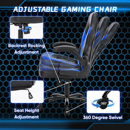 OLIXIS Computer Gaming Chair - PU Leather Ergonomic Lumbar Support with Flip-up Armrest and 360° Swivel Wheels, Height Adjustable Task Home Office Desk Video Racing, Blue