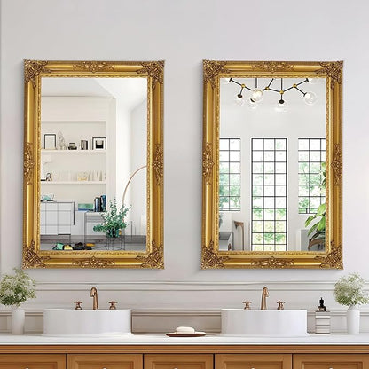 Gold Vintage Mirror, 37.4" x 25.6" Traditional Antique Gold Wall Mirrors with Ornate Baroque Wood Frame, Living Room Decorative Mirrors for Wall Decor