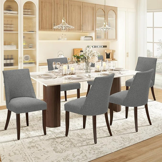 COLAMY Upholstered Dining Chairs Set of 6, Mid Century Modern Kitchen Chairs with Back, Farmhouse Fabric Side Dining Room Chairs with Wood Legs for Dining Room Restaurant, Light Grey